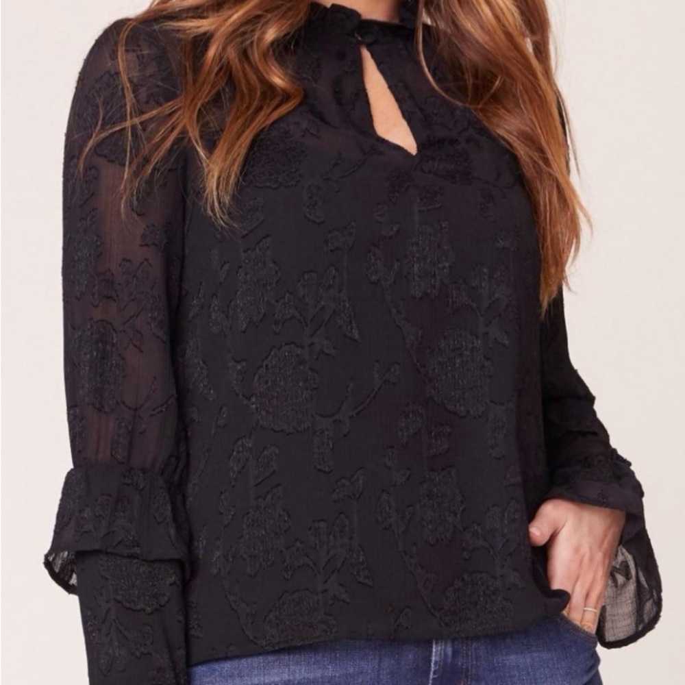 BB Dakota Black Jaquard Floral Print Long Sleeve Romantic Ruffle Size Small‎